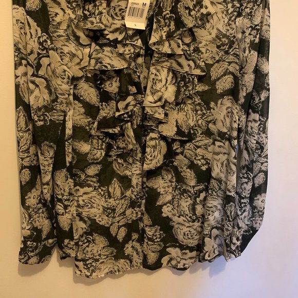 NWT Long-sleeved button-up, front ruffle blouse - black w/gray floral print (M) - Picture 2 of 2